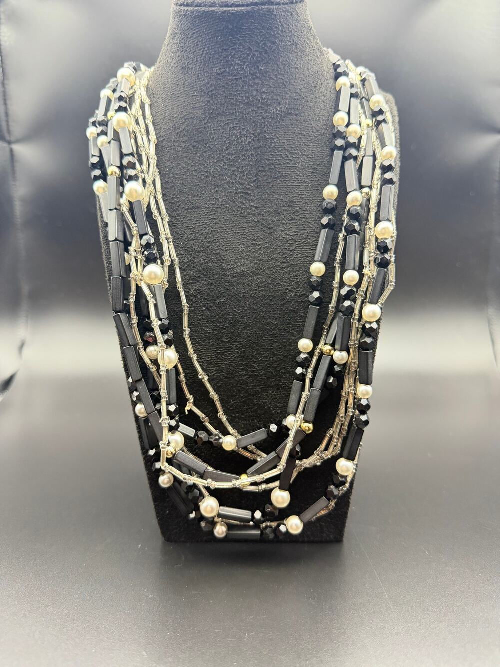 Vintage Multi Strand Black White and Silver Beaded Necklaces 1980's charm